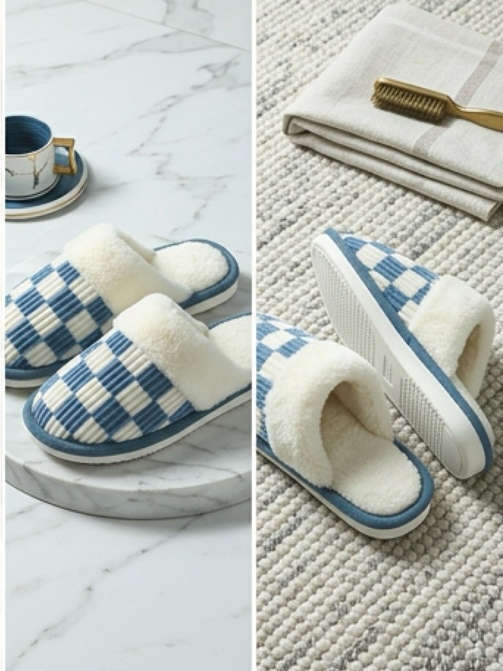 Cozy Check Blue & Cream Plush Slipper Mules